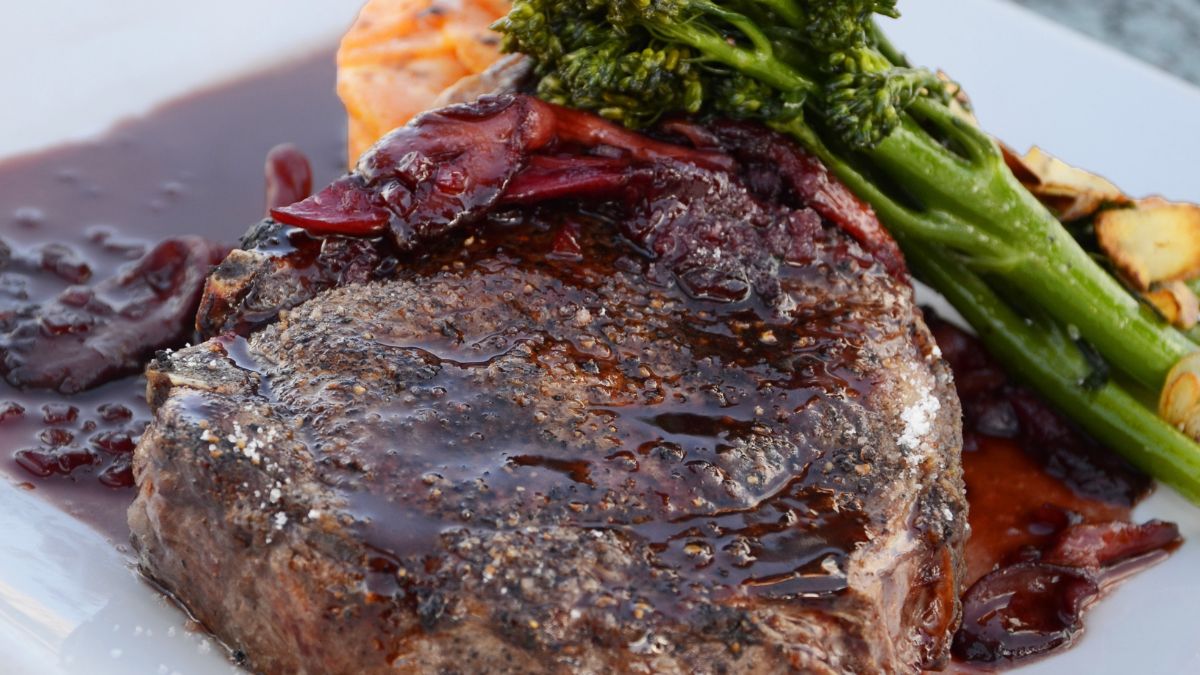 Costco Ribeye Cap Steak Served With Broccoli and Sweet Potato