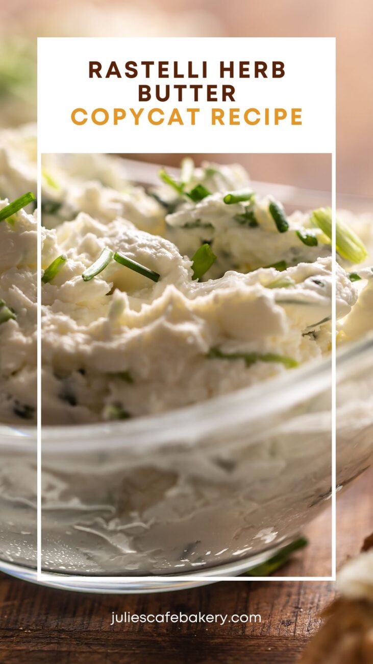 A glass dish full of copycat Rastelli garlic herb butter sprinkled with chopped chives