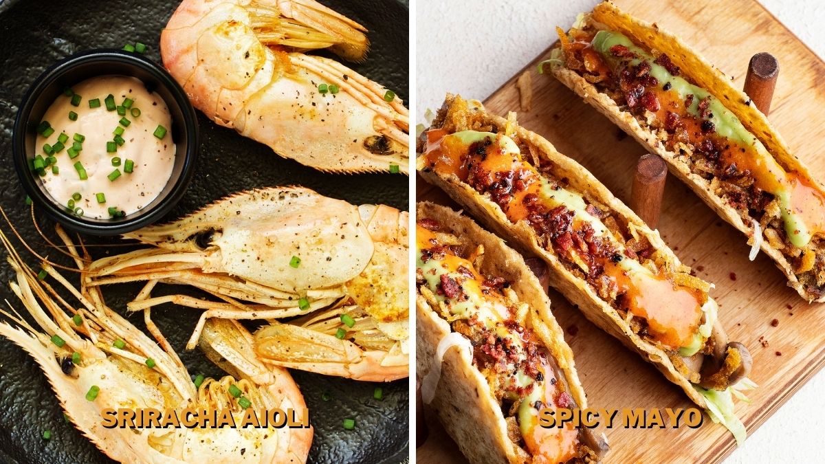 Sriracha Aioli with seafood and Spicy Mayo served with tacos