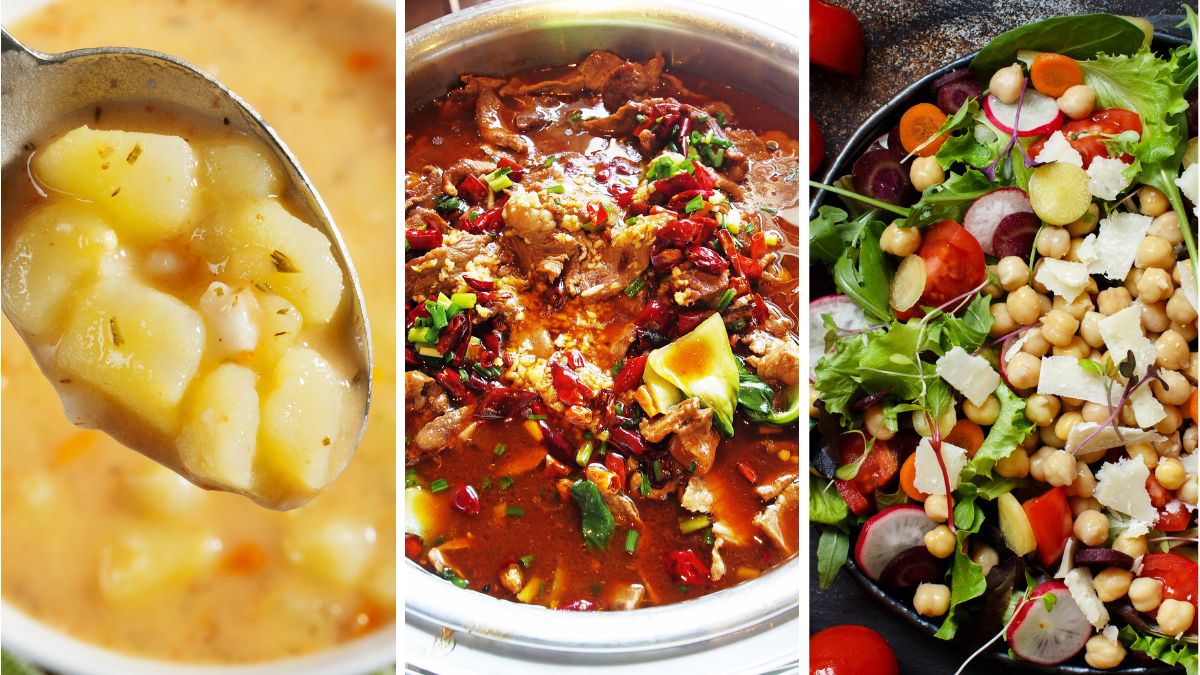 potatoes in soup, lentils in chili, and chickpeas in a salad