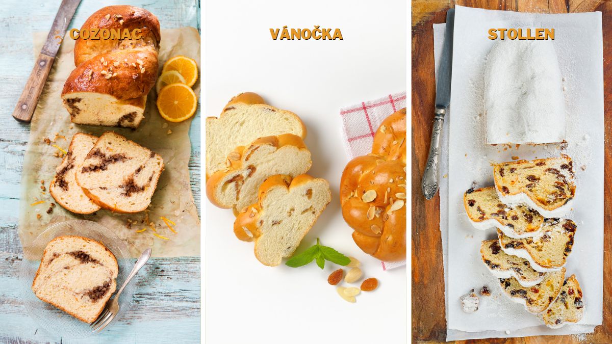Types of Sweet Bread: cozonac, vanočka, and stollen pictured alongside one another  