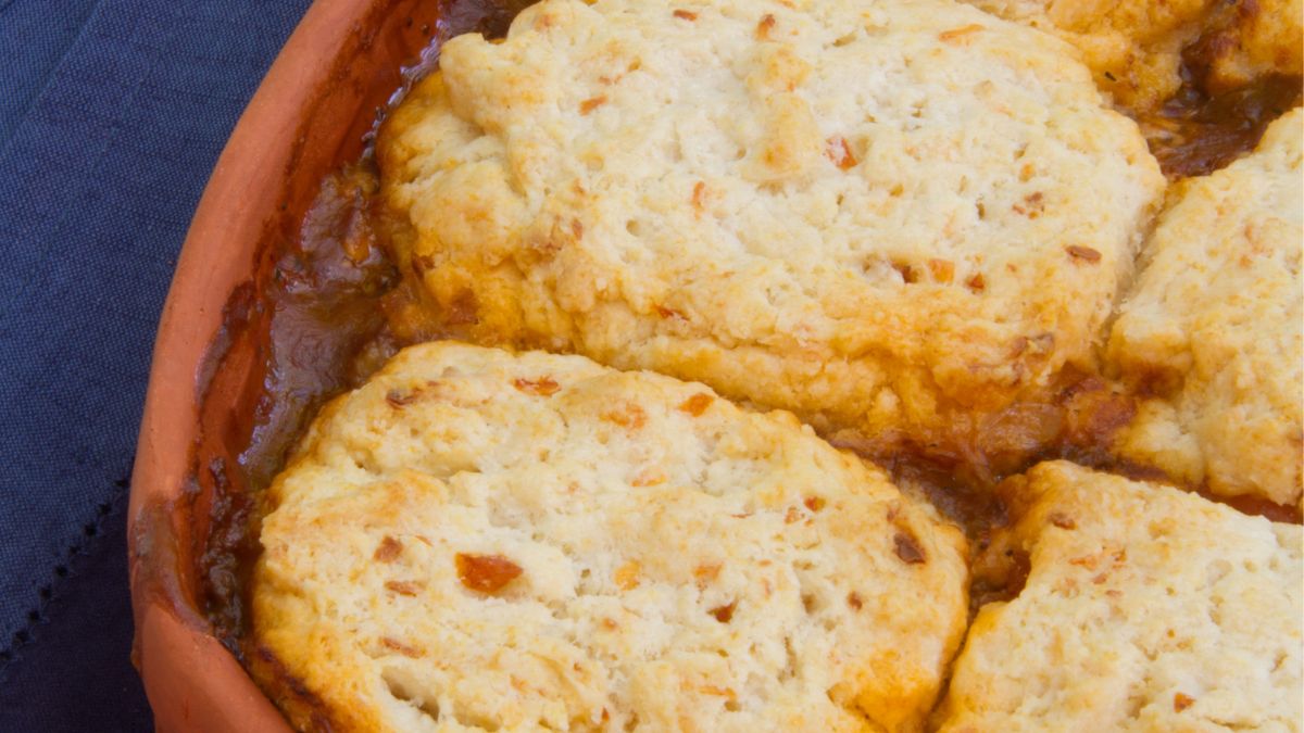 Venison cobbler with cheese and biscuits