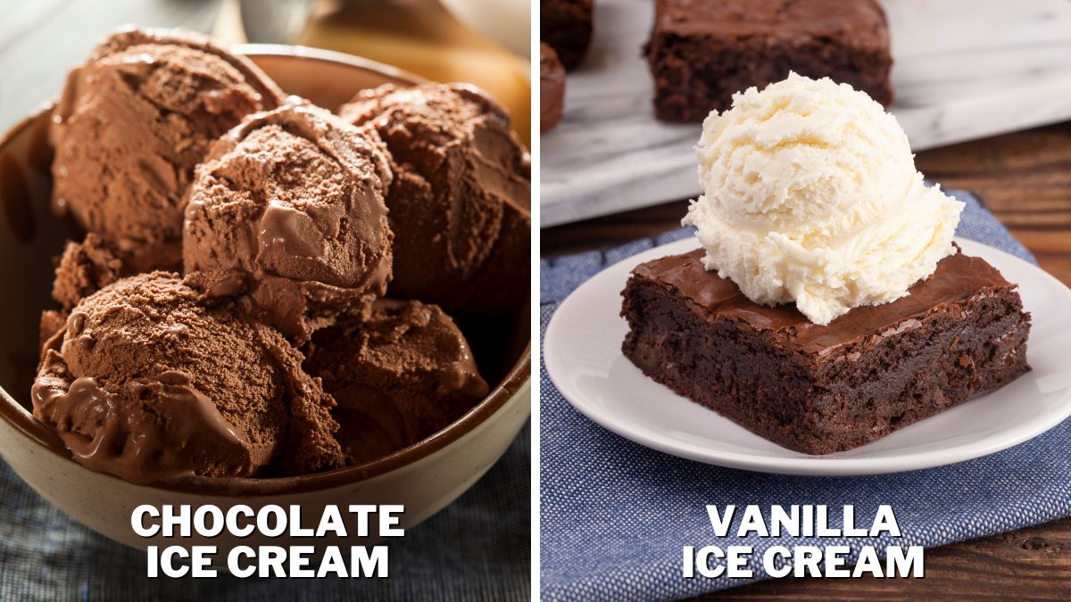 chocolate ice cream served in a bowl and vanilla on brownie