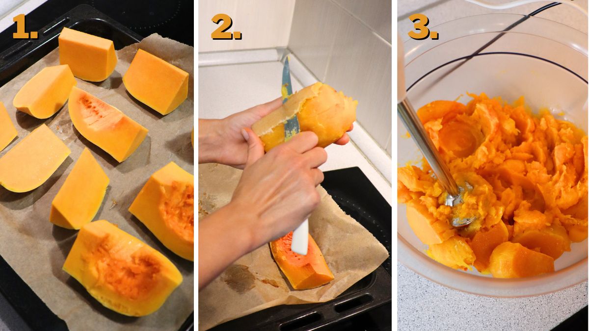 making pumpkin puree for Gooey Pumpkin Bars
