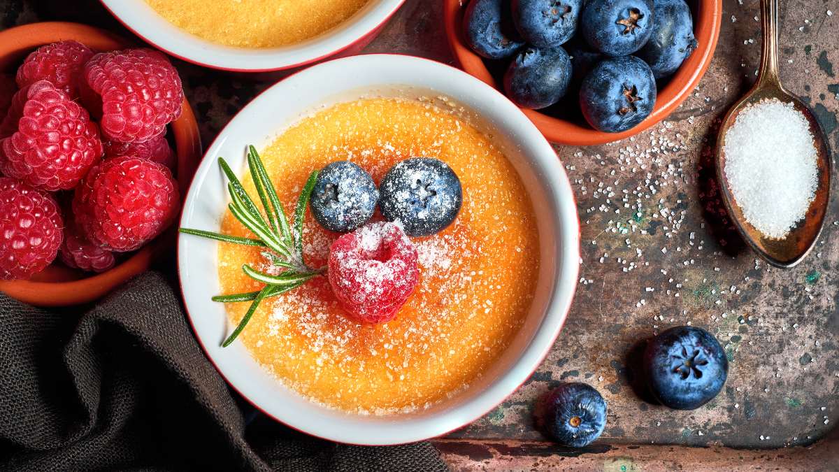 rosemary as decoration on Crème Brulée
